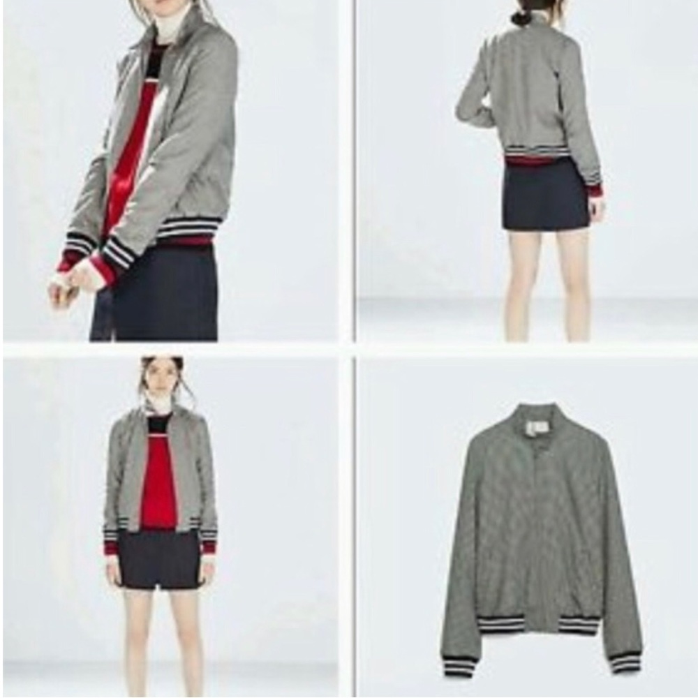 Zara Trafaluc Houndstooth Bomber Jacket Ribbed Retro Academia Black White Moto L